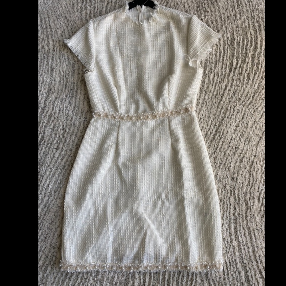 White tweed dress with faux pearl trim